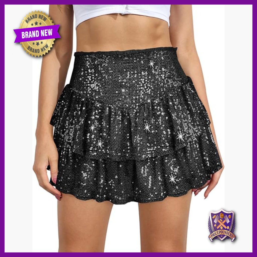 Sequin Mini Skirt High Waist Ruffle Flowy Glitter Party Club Night Out
